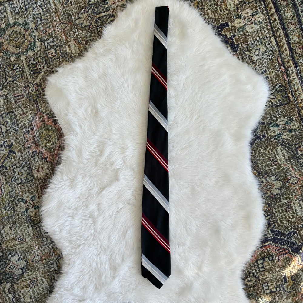 Vintage Pauline Trigere Mens Tie Black Red Grey Striped 70s 80s Necktie Tie